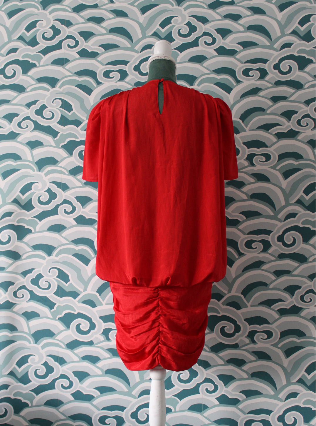 Red 1980s Ruch Dress with Drop Waist Madgra Vintage