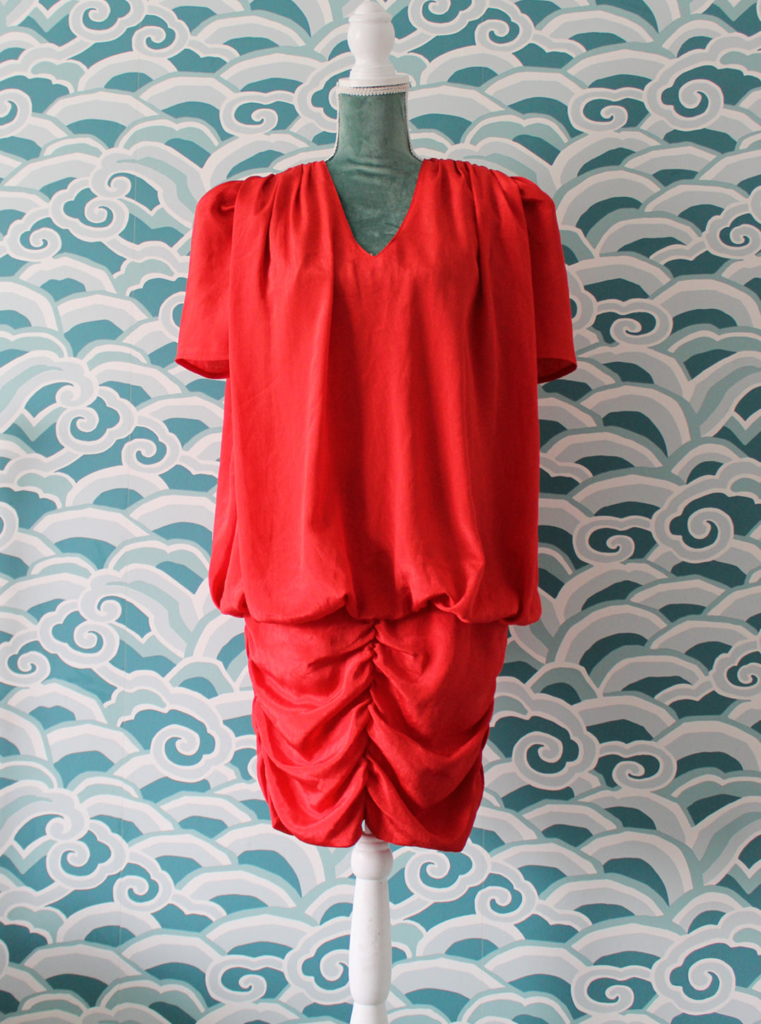 Red 1980s Ruch Dress with Drop Waist Madgra Vintage