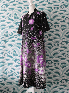Black Dress Floral Purple Pattern Madgra Vintage