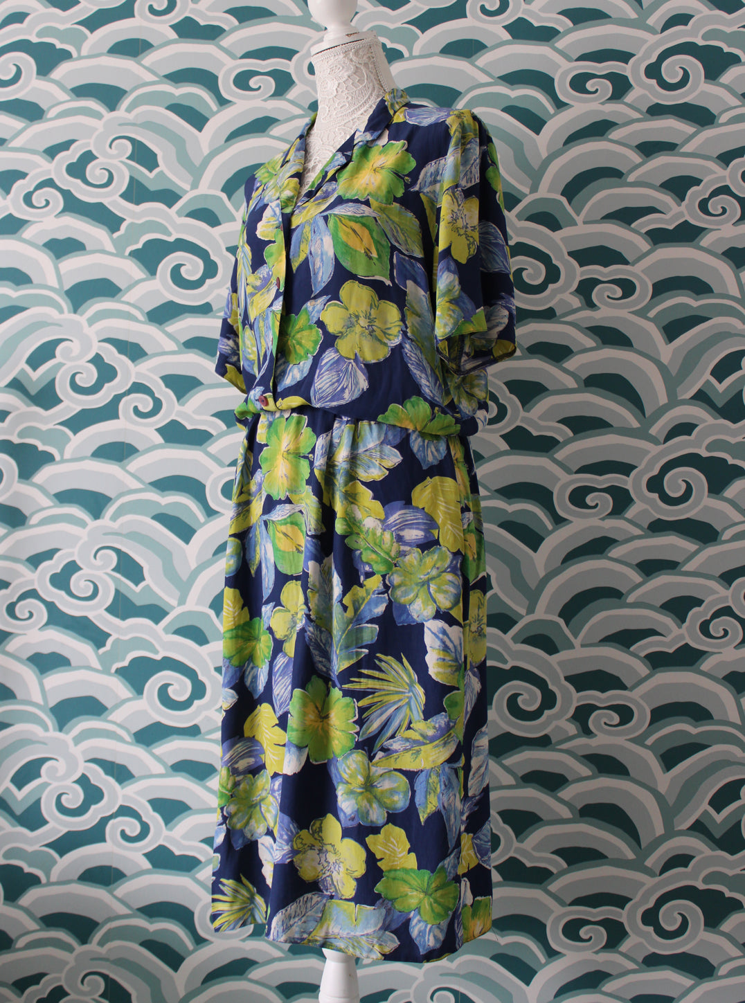 1980s Green and Navy Floral Dress Madgra Vintage