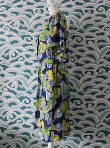 1980s Green and Navy Floral Dress Madgra Vintage