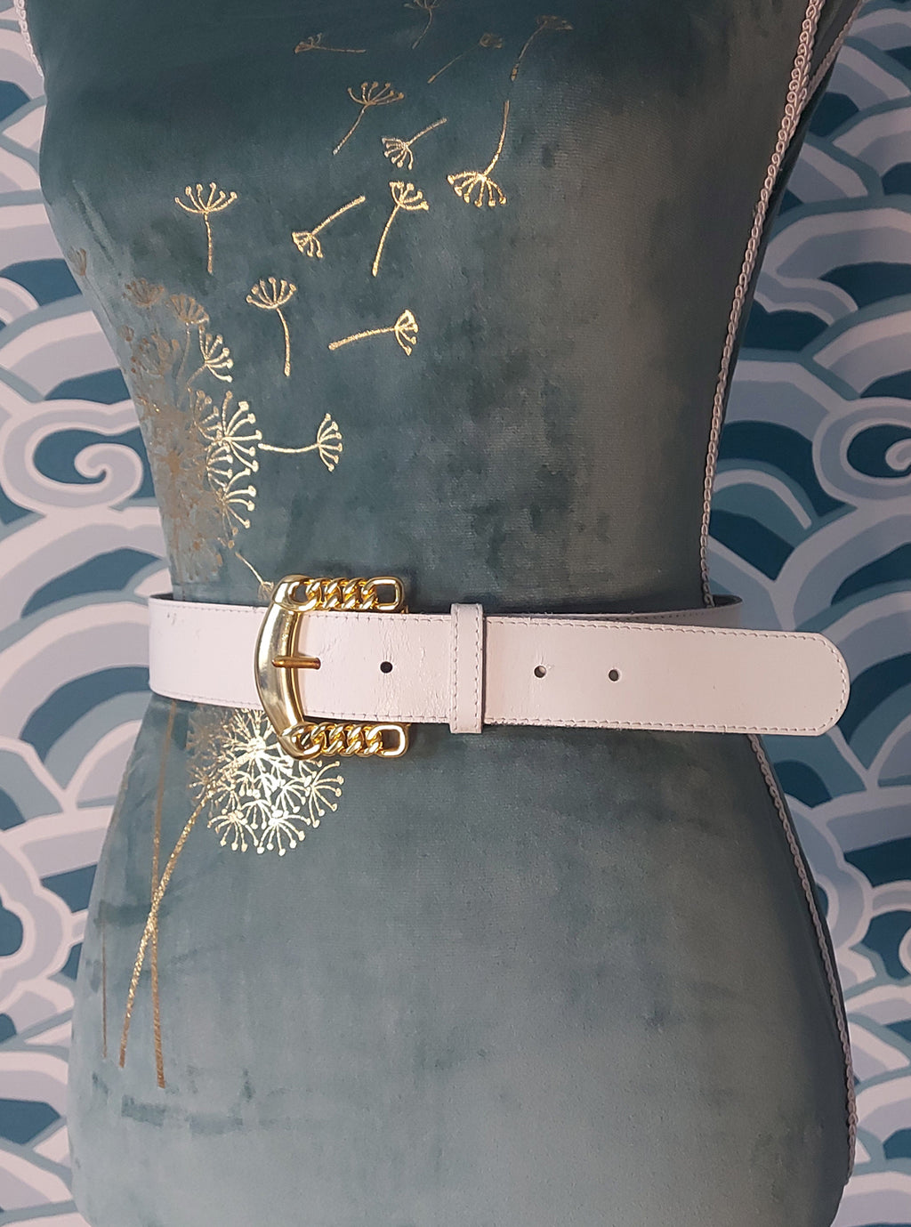 Front of White Belt with gold buckle
