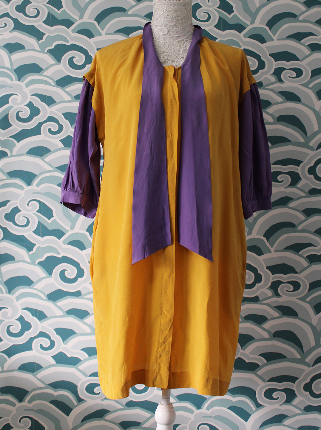 Yellow Shirt Dress with Purple Sleeves