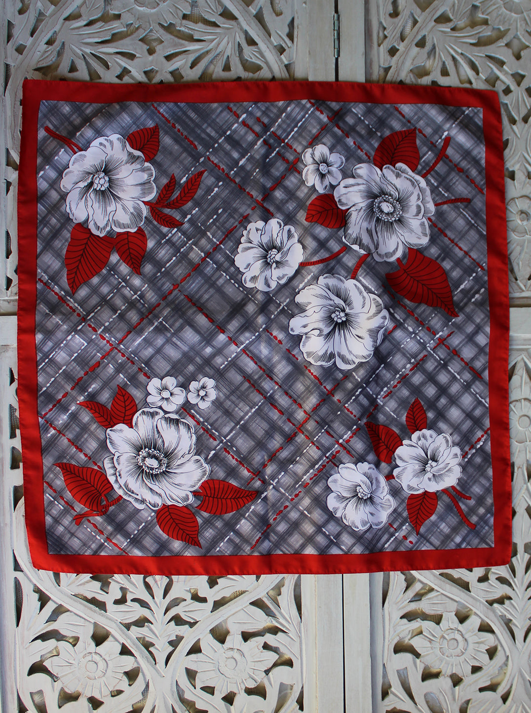 Red & Grey Scarf with Floral Motif