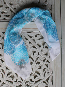 White Scarf with Bursts of Blue Flowers