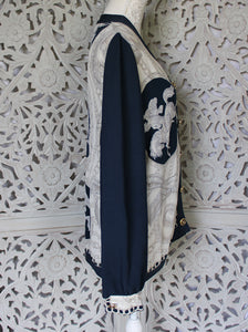 Navy & White Cardigan with Ancient Greek Motif