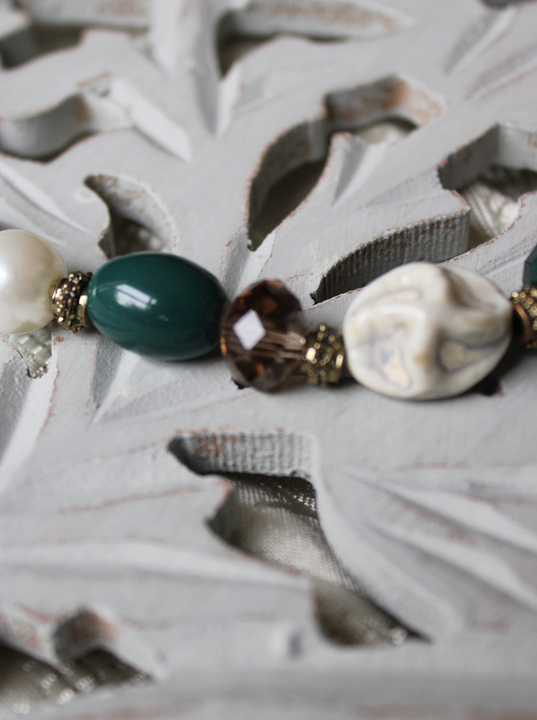 Green, Amber & White Bead Necklace