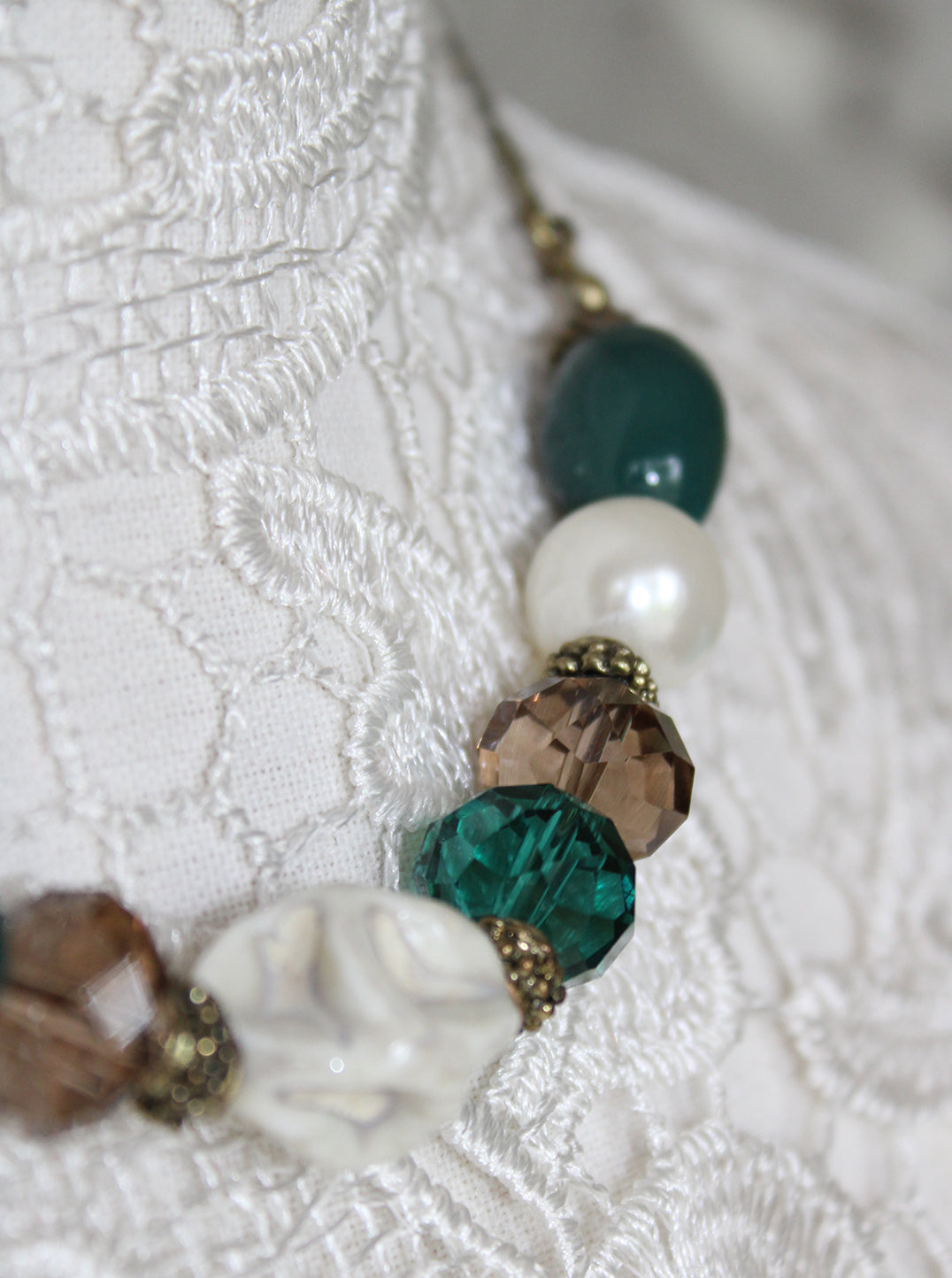 Green, Amber & White Bead Necklace