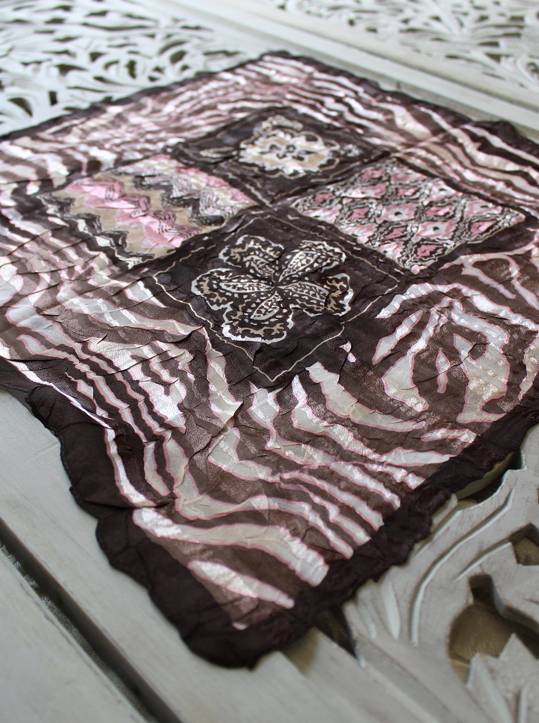 Brown Scarf with Pink & White Pattern