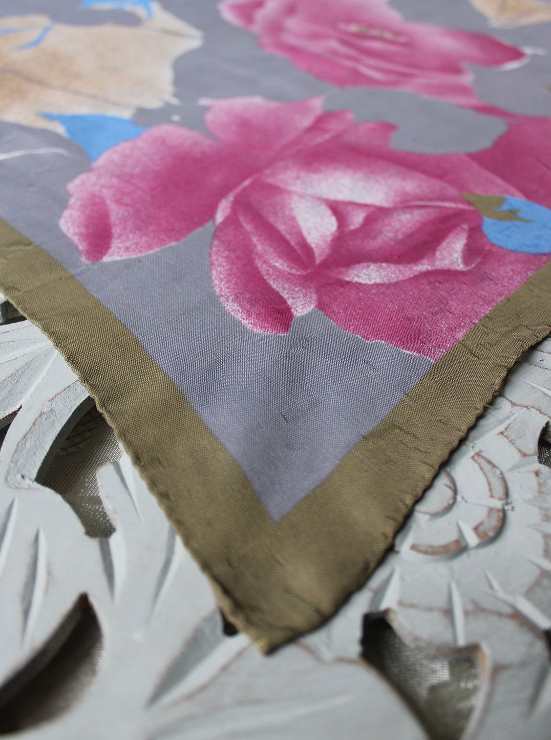 Brown, Blue, Pink & Beige Floral Pattern Vintage Scarf