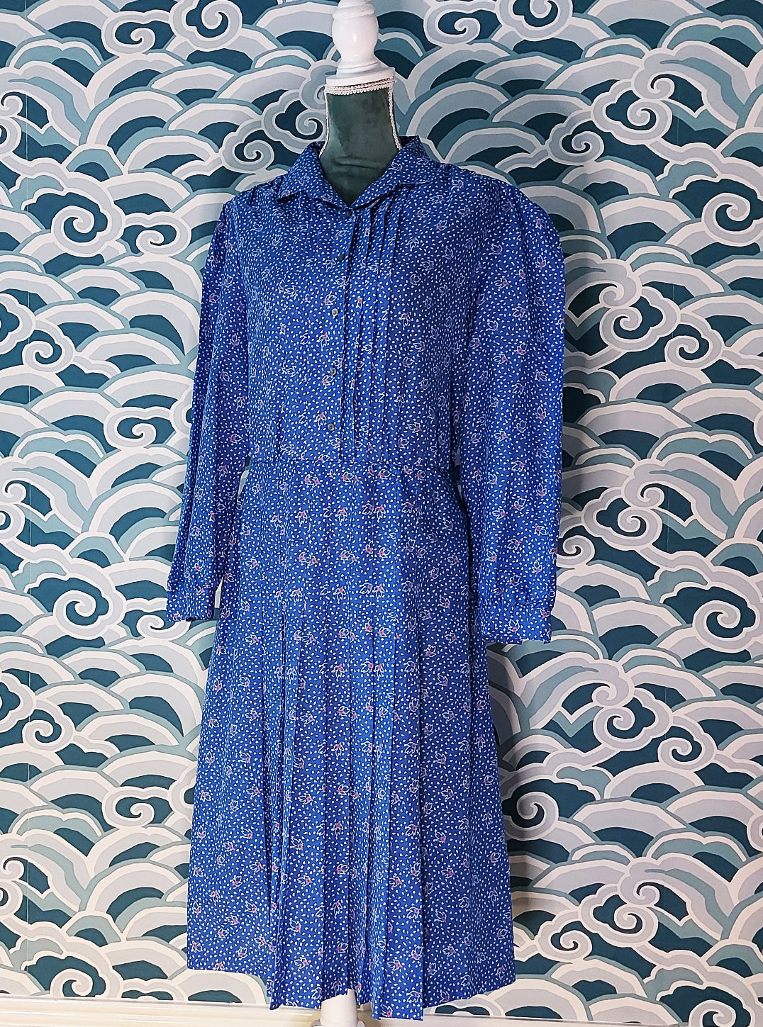 Blue Dress with Dots & Flower Pattern